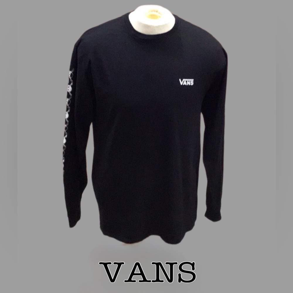 VANS Long Sleeve Black T-Shirt, Skeleton Print On Sleeve, Cotton, Size: Medium